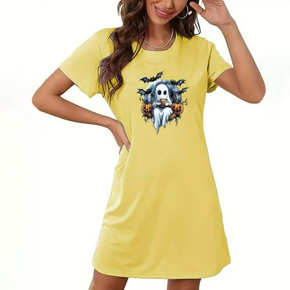 Ghost T Shirt Dress for Women Halloween Graphic Casual Short Sleeve Tunic Dress Fall Spooky Holiday Costume Look
