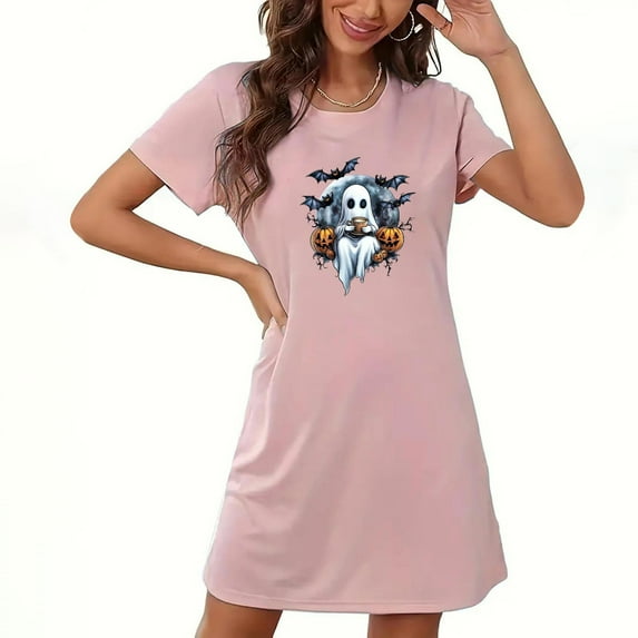 Ghost T Shirt Dress for Women Halloween Graphic Casual Short Sleeve Tunic Dress Fall Spooky Holiday Costume Look