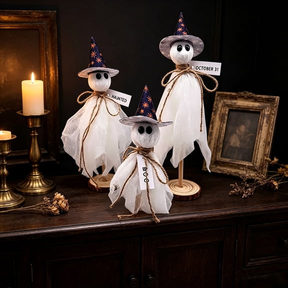 Ghost Tabletop Decor Set, Wooden Base Ghost Figurines, Halloween Tiered Tray Decorations, Mantel Shelf Coffee Table Display, Fall Home Decor, Seasonal Holiday Decorative Centerpieces