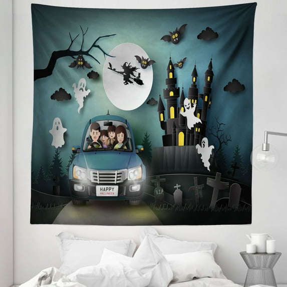 Ghost Tapestry, Witch's Rune Little Bat Family Car Adventure Trip Halloween Cartoon, Fabric Wall Hanging Decor for Bedroom Living Room Dorm, 5 Sizes, Slate Blue and Charcoal Grey, by Ambesonne
