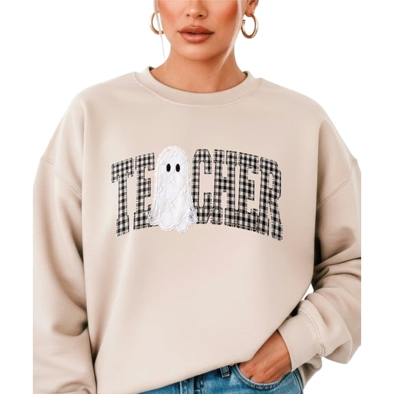 Ghost Teacher Halloween Sweatshirt for Women Gingham Checkered, Sand Sweatshirt, M