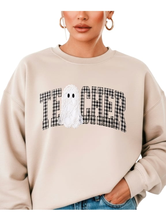 Ghost Teacher Halloween Sweatshirt for Women Gingham Checkered, Sand Sweatshirt, XL