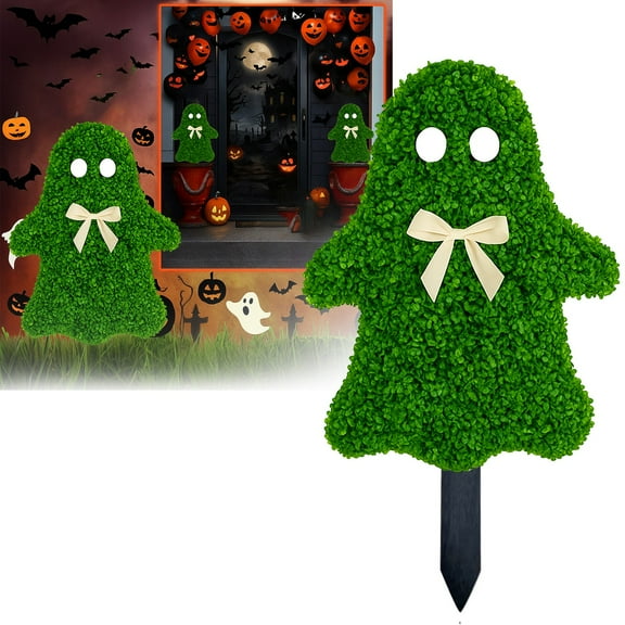 Ghost Topiary Outdoor Stakes - Cute Halloween Garden Decor with Ground Spike, 21" Ghost-Shaped Topiary Tree for Yard, Porch & Gothic Outdoor Decoration