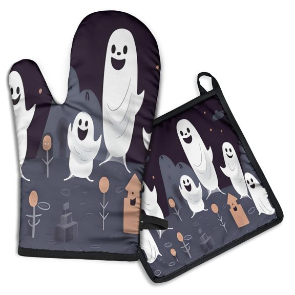 Ghost Town Halloween Pattern Kitchen Oven Mitt and Pot Holder Sets 2 Pcs for Baking, Cooking and Grilling, Heat Resistant Up To 392 °F