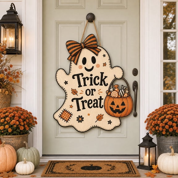 Ghost Trick or Treat Wooden Door Sign for Halloween Front Porch Decor