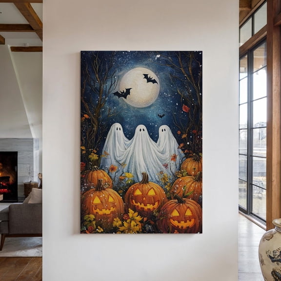 Ghost Trio Art Spooky Pumpkin Patch Print Full Moon And Bats Haunted Autumn Decor Witchy Wall Art October Wall Art