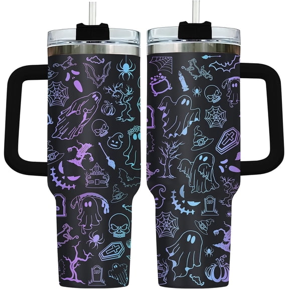Ghost Tumbler 40 Oz with Handle, Halloween Cup with Straw Lid, Cute Boo Ghost Travel Mug, Spooky Black White Coffee Tumbler for Women