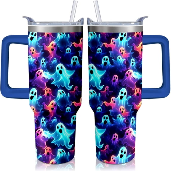 Ghost Tumbler with Handle and Straw, 40 oz Spooky Stainless Steel Insulated Cup with Lid and Straw,Travel Coffee Mug Water Bottle, Birthday Halloween Mothers Day Gifts for Women
