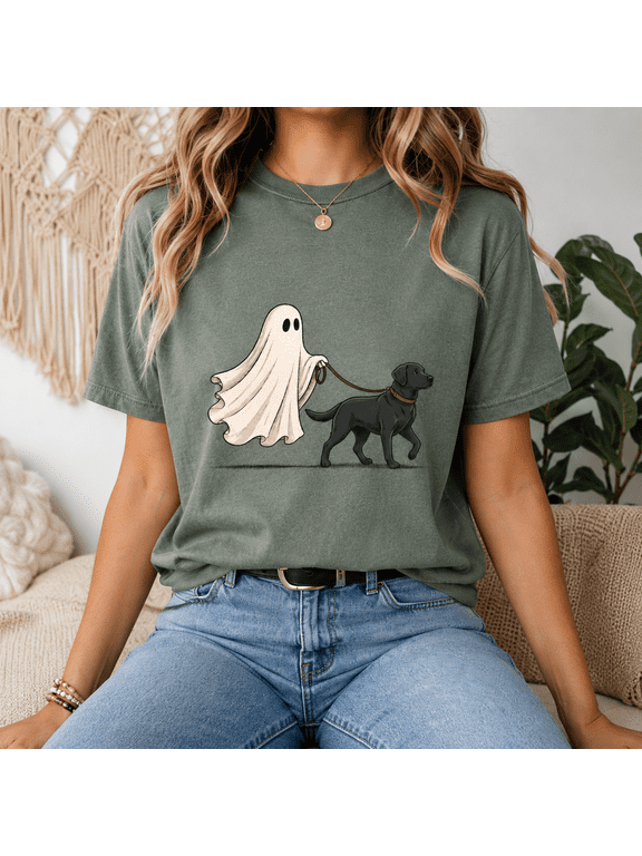 Ghost Walking Black Labrador T-Shirt, Funny Halloween Dog Graphic Tee, Spooky Dog Lover Gift Shirt