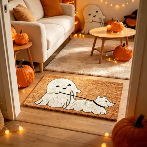 Ghost Walking Dog Halloween Doormat – Crystal Velvet Entry Mat 31.5x19.7in, Spooky Cute Design for Front Door, Bedroom, Holiday Home Decor, 1 Piece