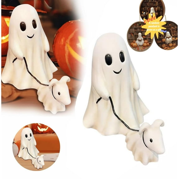 Ghost Walking Dog Halloween Statue, 2025 Spooky Ghost Dog Halloween Figurine, Funny Spooky Ghosts with Dogs Figurine, Warm Lighted Indoor Decor for Home, Party, Shelf, Table Centerpiece