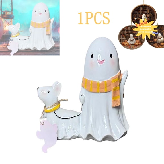 Ghost Walking Dog Statue Decor, Halloween Ghost Walking Dog Statue, Cute White Ghosts Figurines Halloween Table Decor,Perfect for Home Front Porch Decor and Outdoor Garden Tabletop
