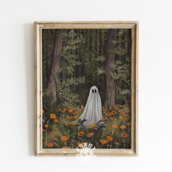 Ghost Wall Art Print Cute Ghost In Woods Ghost Poppies Wildflower Art Fall Halloween Cottagecore Decor