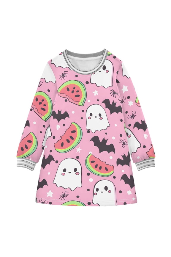 Ghost Watermelon Bat Pattern Girls'long-sleeved dress Thickened A-dress Warm Dress Basic Shirt Party Dresses