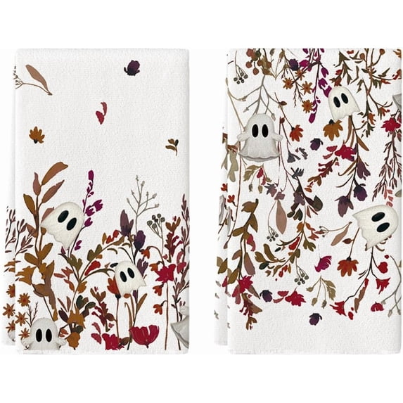 Ghost Wildflower Floral Halloween Kitchen Towels Dish Towels, 18x26 Inch Farmhouse Leaves Decoration Hand Towels Set of 2