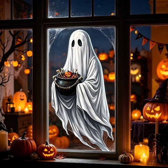 Ghost Window Clings, Multi Size Assorted White Scary Stickers for Glass, Reusable Halloween Decals for Window Decor