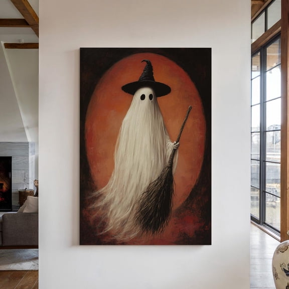 Ghost Witch With Broom Art Print – Spooky Cute Wall Decor – Gothic Witchy Ghost Illustration For Haunted Or Autumn Homes Wall Art, Modern Wall Decor, 8x12 UNFRAMED