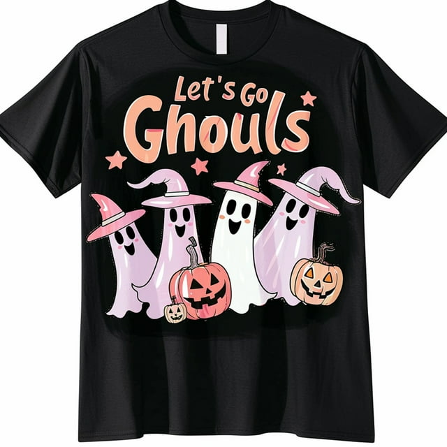 Ghost Witch Hat Pumpkin Let's Go Ghouls Halloween Pastel Black T Shirt ...