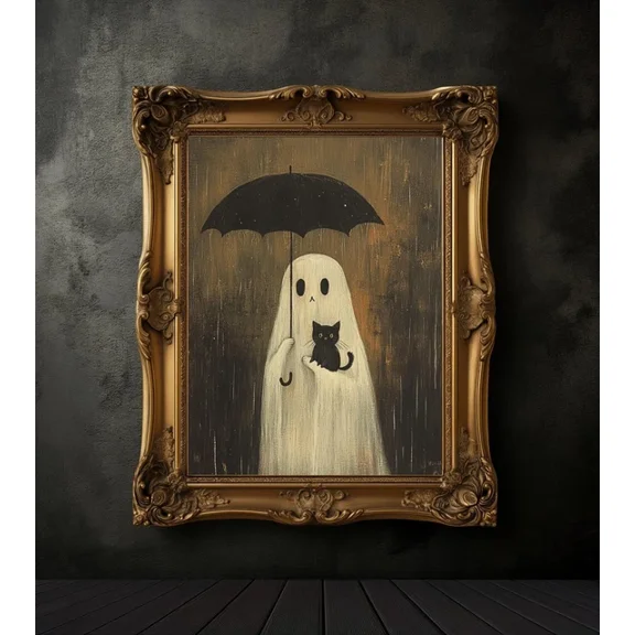 Ghost With Black Cat And Umbrella Poster Spooky Hal.Low.Een Wall Art Decor Art