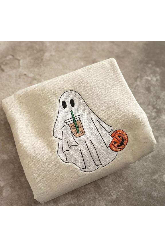 Ghost With Coffee Sweatshirt Embroidered