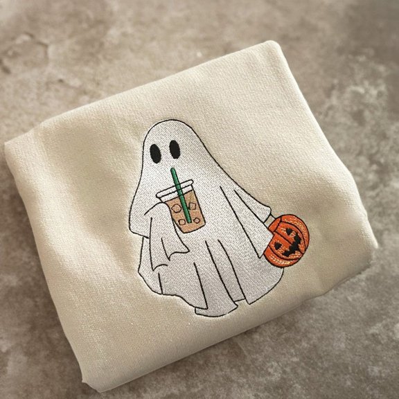 Ghost With Coffee Sweatshirt Embroidered