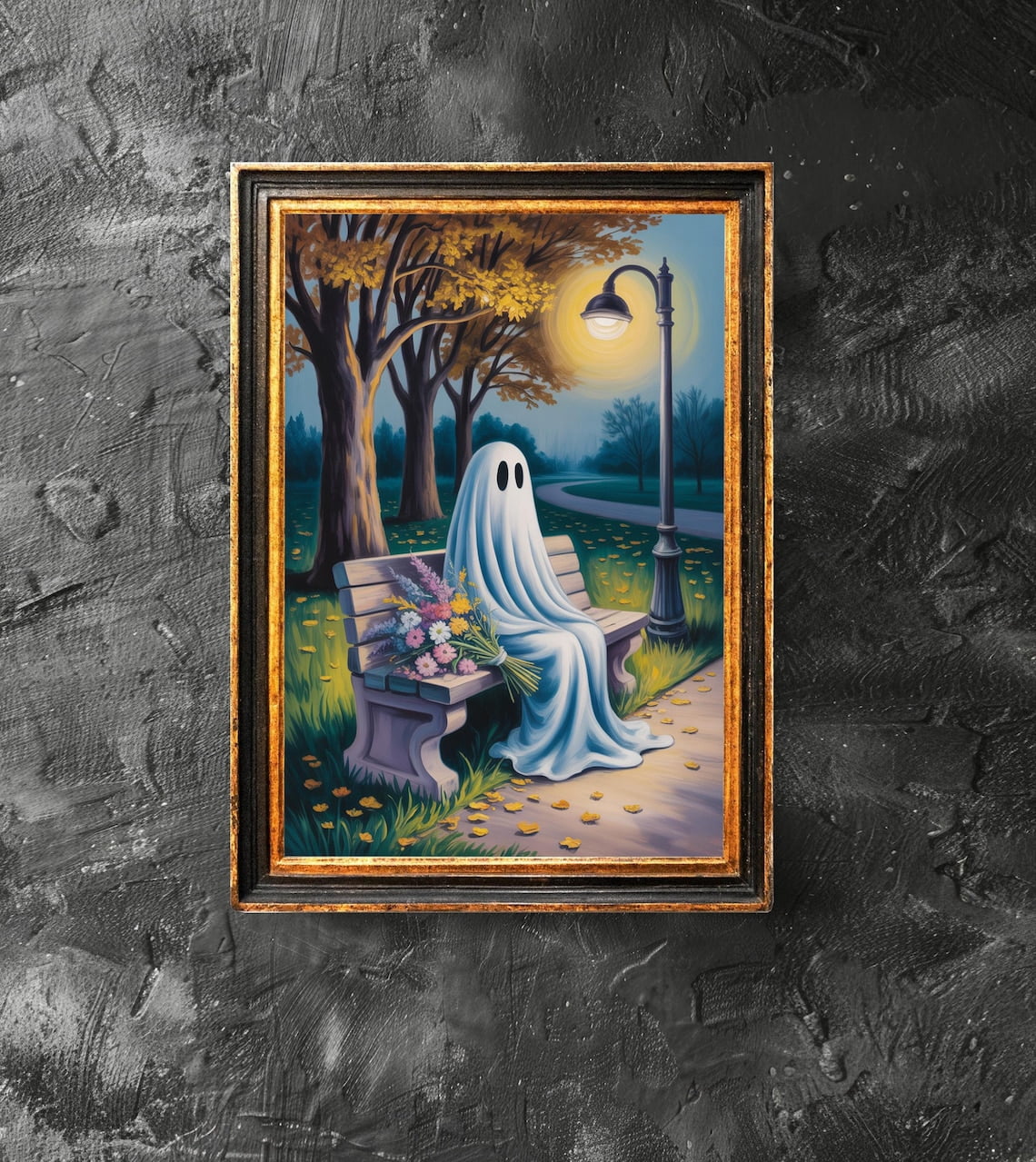 Ghost With Flowers On The Bench Poster, Spooky Wall Art, Wall Art ...
