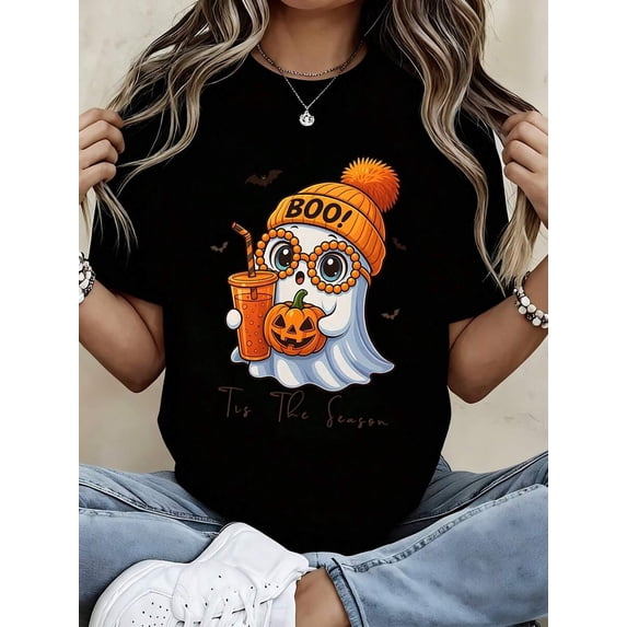 Ghost With Pumpkin, Drink And Knit Hat Halloween Graphic Crew Neck Short Sleeve T‑Shirt, Casual Tops For Women