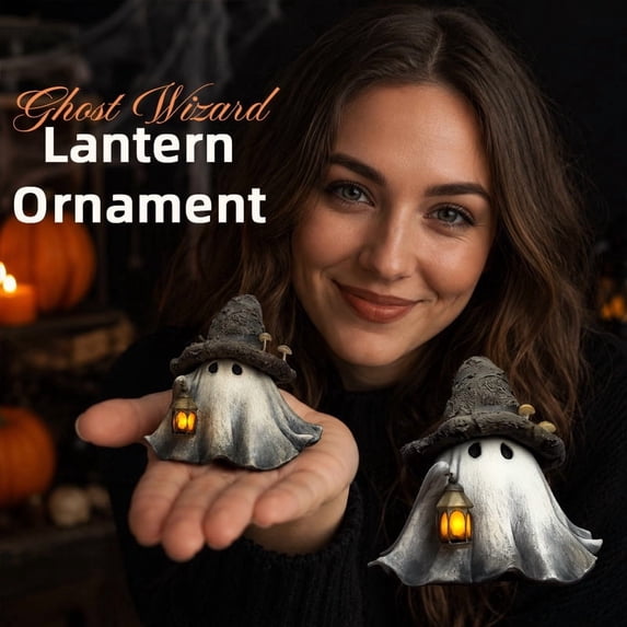 Ghost Wizard Lantern Ornament Compact 5.5in Halloween Decor, Resin Gothic Figurine with Lantern for Desk Shelf Entryway Display