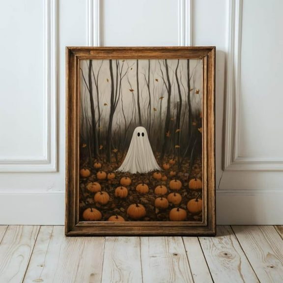 Ghost In The Woods With Pumpkins, Dark Academia, Cottagecore Spooky Decor, Halloween Vintage Poster, Gothic Oil Painting, Haunting Ghost, Matte Canvas Stretched, Posters & Art Prints, Gift.