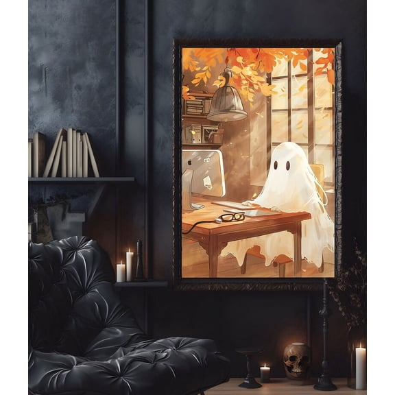 Ghost Working On Computer Poster Print, Halloween Poster, Poster For Halloween, Wall Art Halloween, Ghost At Computer Wall Art