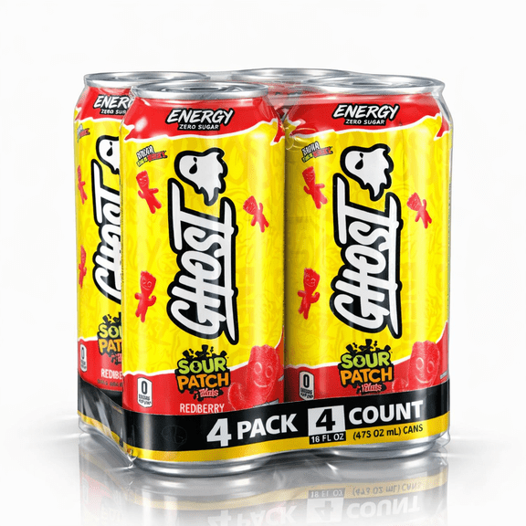 Ghost Zero Sugar Sour Patch Kids Redberry Energy Drink, 200mg Natural Caffeine, 16 fl oz, 4 pack of Cans