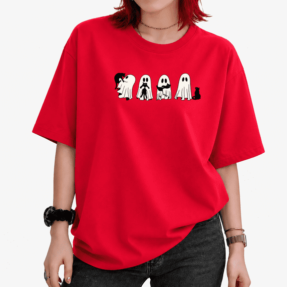 Ghost and Black Cat joy Halloween Graphic Tee for Women Crewneck Short Sleeve Casual Shirt