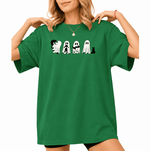 Ghost and Black Cat joy Halloween Graphic Tee for Women Crewneck Short Sleeve Casual Shirt
