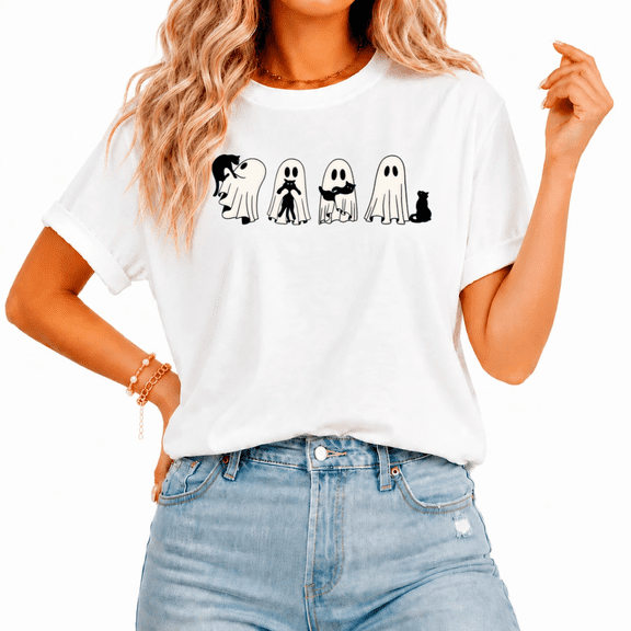 Ghost and Black Cat joy Halloween Graphic Tee for Women Crewneck Short Sleeve Casual Shirt