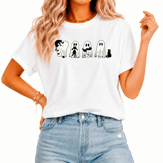 Ghost and Black Cat joy Halloween Graphic Tee for Women Crewneck Short Sleeve Casual Shirt