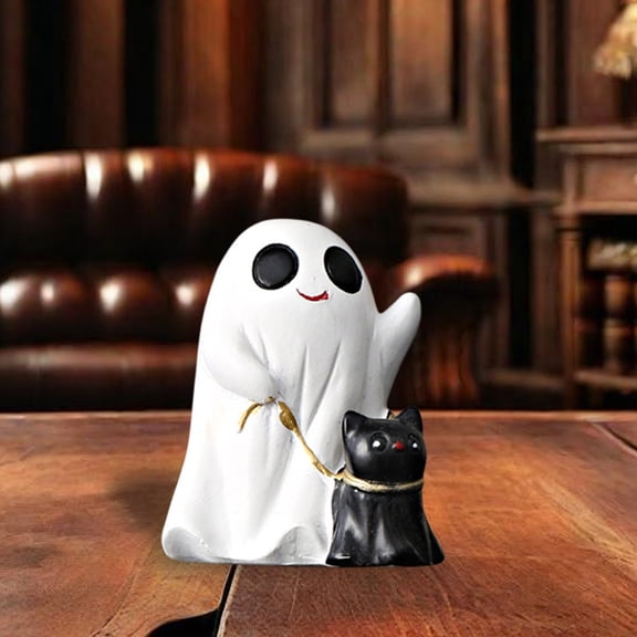 Ghost and Cat Walking Statue with Leash, Cute Halloween Figurine for Home Decor, White Resin Tabletop Ornament