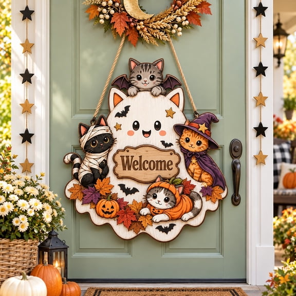 Ghost and Cat Welcome Wooden Door Sign for Halloween Porch Decor