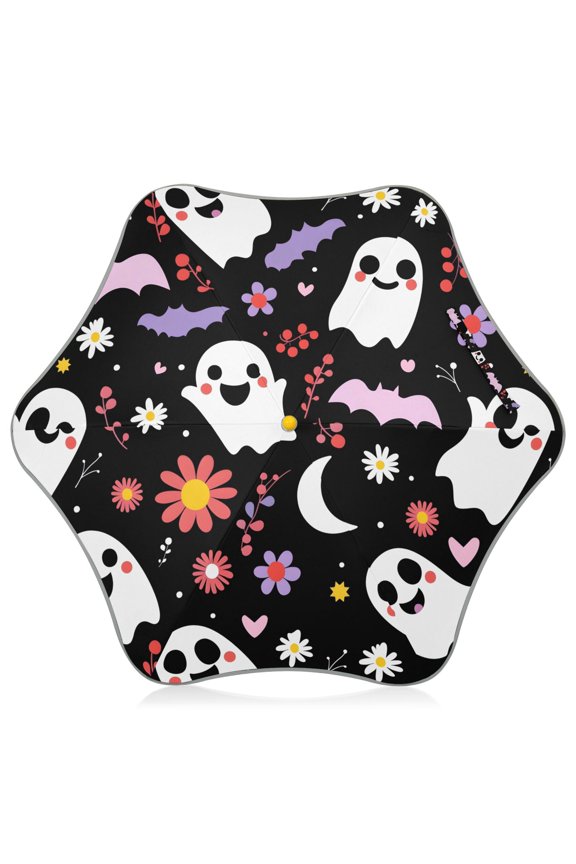 Ghost and Flowers Pattern Kids Umbrella Rain Umbrella Clear Grip Handle Folding Umbrellas UV50+ 35in