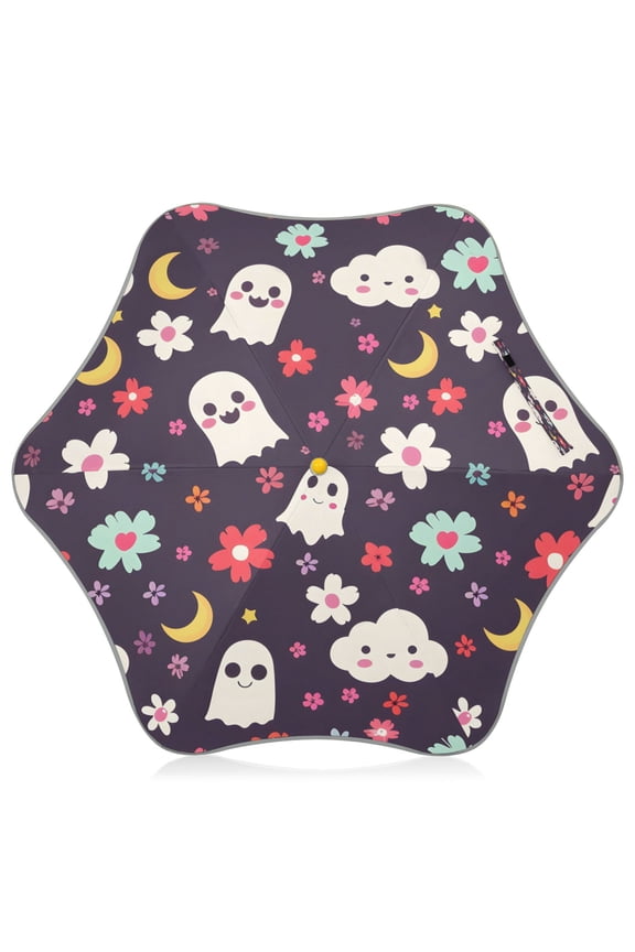 Ghost and Flowers Pattern Kids Umbrella Rain Umbrella Clear Grip Handle Folding Umbrellas UV50+ 35in