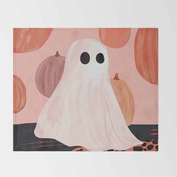 Ghost and Pumpkins Pink Orange Halloween Fleece Blanket, Polyester Fleece Fabric, 280 GSM, Couch and Bed Accent