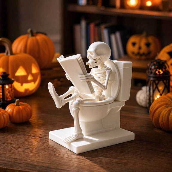 Ghost and Skeleton Reading on Toilet Figurine, Funny Printed Desk Ornament, Spooky Bathroom Decor for Halloween and Home Display