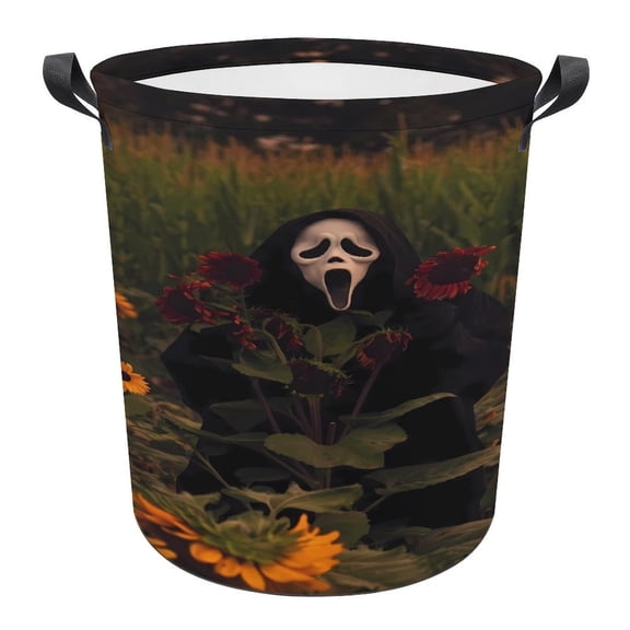 Ghost-face Laundry Hamper, Round Collapsible Hamper Laundry Basket with Handles Toys Storage Organizer Bins Laundry Gift Basket for Boys And Girls Room, Bedroom Bathroom Gamer Room Decor 44x35cm