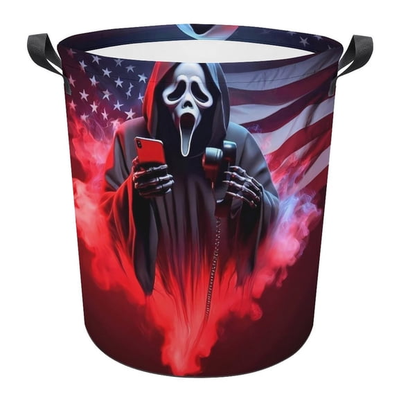 Ghost-face Laundry Hamper, Round Collapsible Hamper Laundry Basket with Handles Toys Storage Organizer Bins Laundry Gift Basket for Boys And Girls Room, Bedroom Bathroom Gamer Room Decor 44x44cm