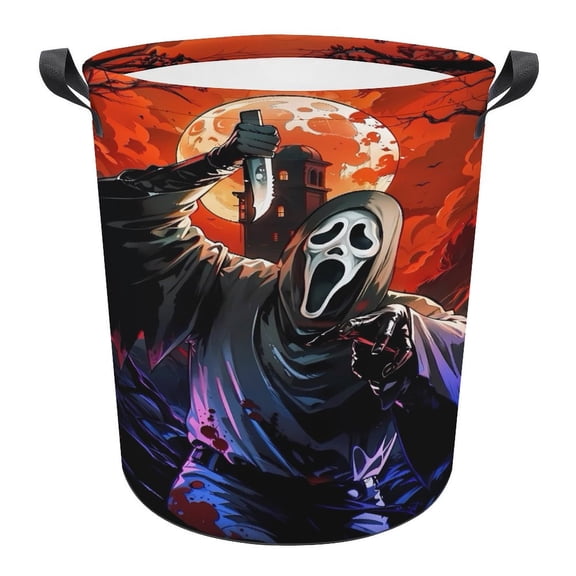 Ghost-face Laundry Hamper, Round Collapsible Hamper Laundry Basket with Handles Toys Storage Organizer Bins Laundry Gift Basket for Boys And Girls Room, Bedroom Bathroom Gamer Room Decor 44x44cm