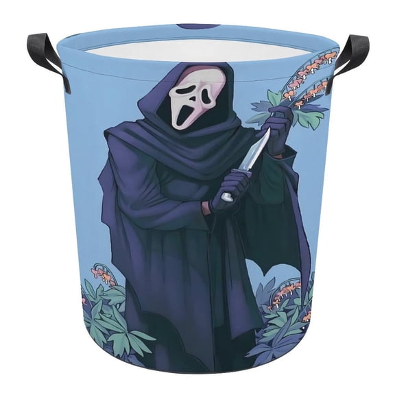 Ghost-face Laundry Hamper, Round Collapsible Hamper Laundry Basket with Handles Toys Storage Organizer Bins Laundry Gift Basket for Boys And Girls Room, Bedroom Bathroom Gamer Room Decor 44x35cm