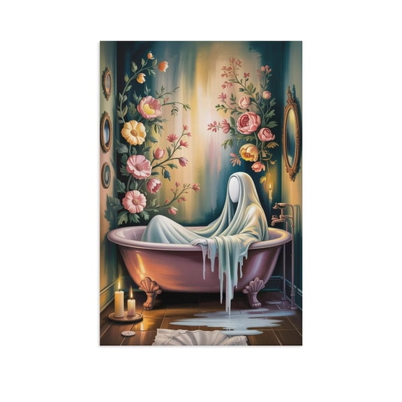 Ghost in Bath Oil Painting Vintage Wall Art White Sheet Ghost Relaxing in Tub for Bathroom Bedroom Living Room Or Spa Home Decor Canvas Poster