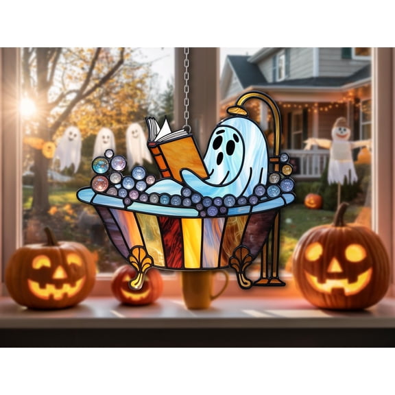 Ghost in Bathtub Reading Wavy Acrylic – Funny Halloween Bathroom Decor – Bookish Gothic Window Suncatcher