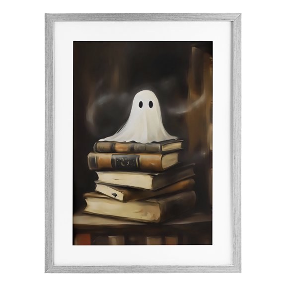 Stupell Industries Ghost on Book Stack Gray Framed Print Under Glass, design by Arlington Prints