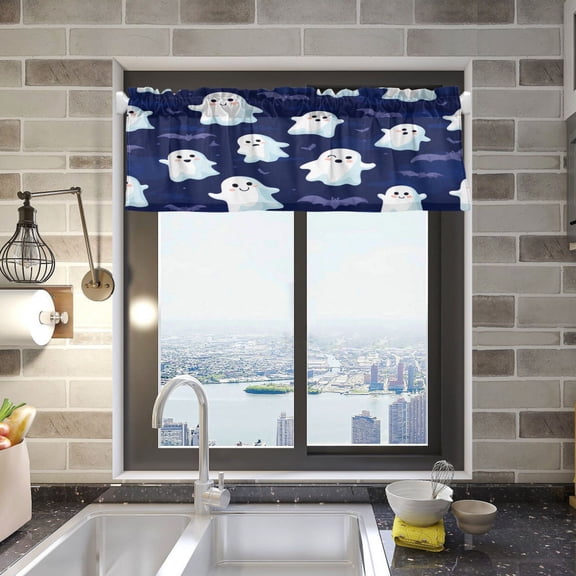 Ghost on Dark Blue Background Curtain Valances Window Treatment Rod Pocket Drape Valance 54" X 18" for Kitchen Living Room Bedroom