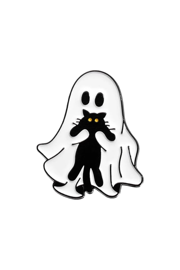 Ghost with Black Cat Enamel Brooch - Halloween Theme Metal Animal Lapel Pin, Cartoon Brooch for Jacket, Backpack, Hat, and Clothes Accessory